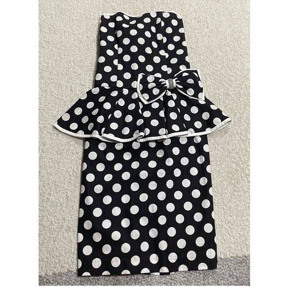 Jessica Howard Women's Size 6 Vintage 80's Strapless Polka Dot Peplum Bow Dress - Picture 1 of 14